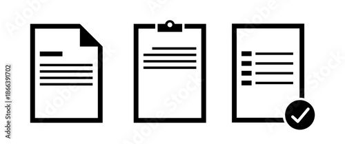 Business document icon set for office paperwork, report management, checklist approval, file documentation, corporate workflow, administration system and professional presentation design