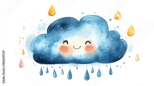 watercolor cartoon cloud with cute face and raindrops, white background