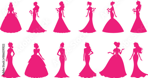 Princesses and brides in long flowing gowns silhouette collection,  Each silhouette has a unique hairstyle vector Illustrations set for logo,  banner, post card, invitation, flyer. 