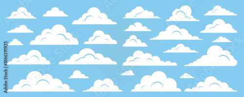 Fluffy clouds collection, Vector set of clouds shapes Illustrations, Design elements for the weather forecast, web interface or cloud storage applications, logo,  banner, post card, invitation, flyer.
