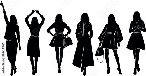Fashionable Woman Silhouettes Set in Stylish Outfits and Diverse Poses including Professional Business Casual Winter Coat and Elegant Party Dresses