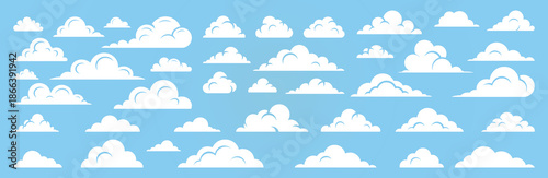 Fluffy clouds collection, Vector set of clouds shapes Illustrations, Design elements for the weather forecast, web interface or cloud storage applications, logo,  banner, post card, invitation, flyer.