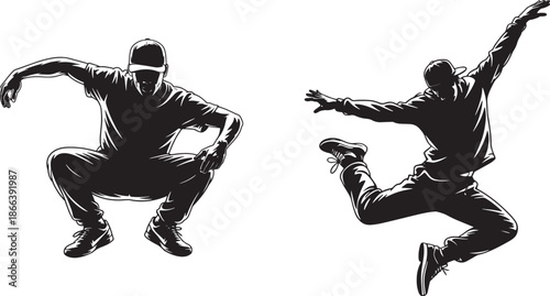 Two Male street dancers rendered as crisp black silhouette, showcases a unique breakdance or hip-hop pose with dynamic body language vector Illustrations set for logo,  banner, post card, 