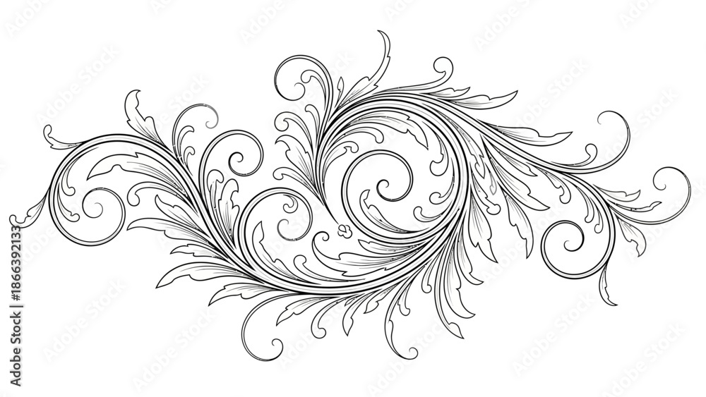 Fototapeta premium Ornate Flowing Scroll and Leaf Ornament, Intricate Decorative Design on Isolated White Background