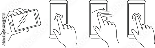 Mobile touch gesture illustration set showing hand holding smartphone with tap swipe and press interactions for touchscreen user interface design