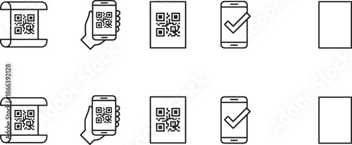 QR code scanning and mobile verification line icons set featuring smartphone scan check and document symbols for digital authentication design