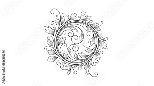 Complex circular acanthus leaf and floral ornament with intricate swirling details, isolated white background.
