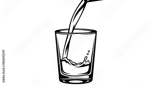Line art illustration of water pouring into a glass with refreshing splashes, isolated white background.