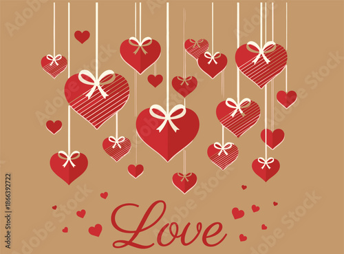 Valentine love hanging gift heart ornaments beige background romantic festive decoration illustration vector greeting design