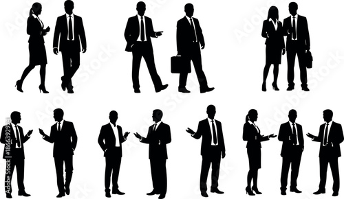Professional business people silhouettes in formal suits, office workers communicating, walking, and standing in various corporate poses for commercial design.