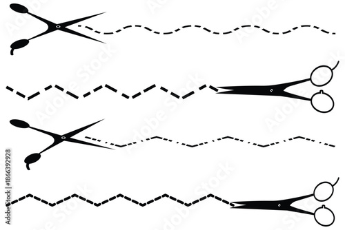 Set of Scissors Icons with Cut Lines – Vector Silhouettes for Craft, Office, and Salon