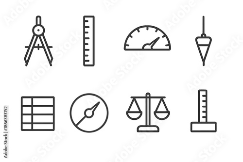 Linguistic Tools Icons. Line style icons of linguistic construction tools: grammar compass, syntax ruler, text level gauge,