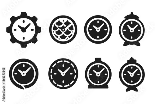 Marine Clock Icons. Solid style icons of marine scale clocks: clock gear, fish scale texture, circular wave, luminous dial, tide