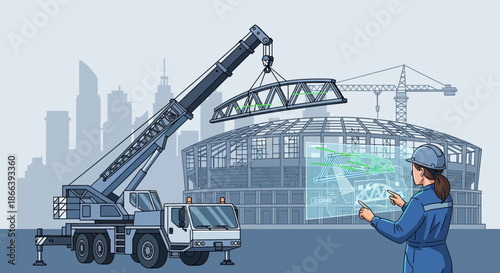 Construction Crane Lifting Steel Structure with Engineer Overseeing.