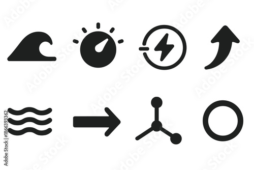 Surf Flow Icons. Solid style icons of surf flow controls: wave top, control dial, energy pulse, motion arc, ripple mark,