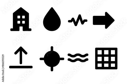 Architectural Water Symbols. Solid style icons of architectural water markers: building outline, droplet icon, pulse dot, flow