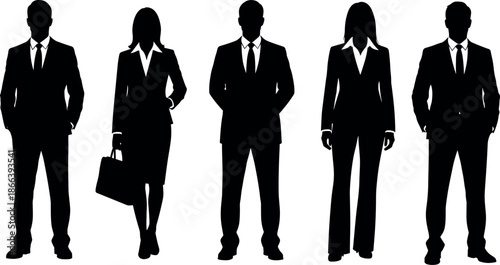 Professional Business Team Silhouettes in Formal Suits and Corporate Attire Standing Together Isolated on White Background for Office Career Concept