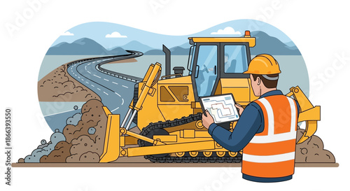 Construction worker overseeing bulldozer operation with digital tablet.
