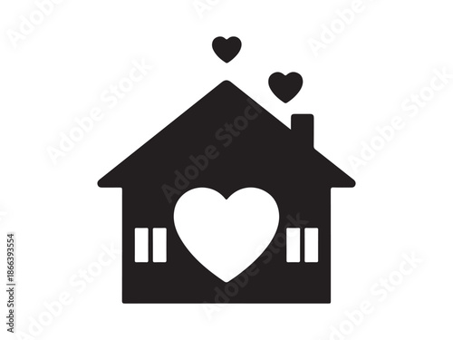 Sweet home icon with big heart on house and small hearts above roof vector black color on white background isolated
