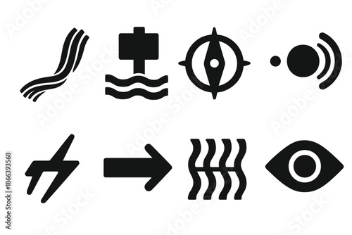 Marine Navigation Icons. Solid style icons of marine silk navigation: fiber strand, depth marker, compass icon, pulse dot, energy