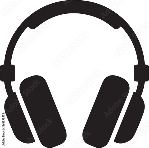 Simple black and white illustration of over ear headphones on a white background