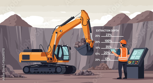 Excavator at Work Mining Operation with Operator and Data Display.