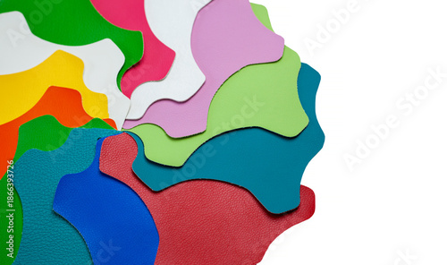 Artificial leather or dermantin for the manufacture of upholstered furniture, shoes or bags. Samples of multi-colored leatherette. Materials for the textile industry.