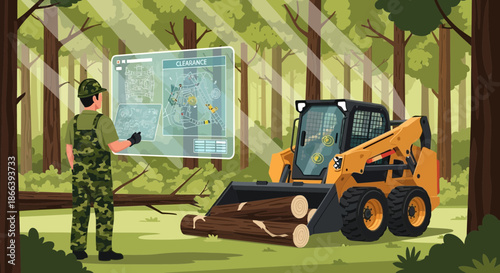 Forestry Worker Using Technology with Skid Steer Loader.