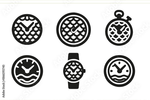 Aquatic Timepieces Icons. Solid style icons of scale-pattern time tracking: fish scale clock face, patterned dial, aquatic