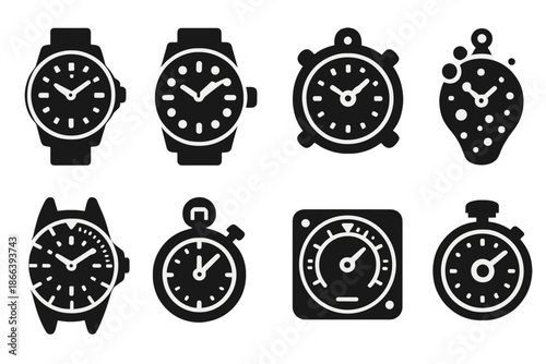 Underwater Watch Icons. Solid style icons of underwater chronographs: pressure-resistant watch, luminous time gauge, marine gear