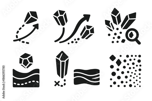 Crystalline Migration Icons. Solid style icons of crystalline migration study: gem path trace, mineral motion curve, clustered