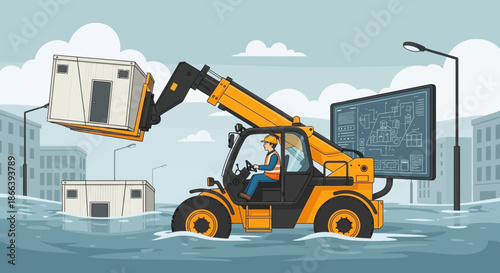 Forklift Rescuing Structures from Floodwaters in a Cityscape.