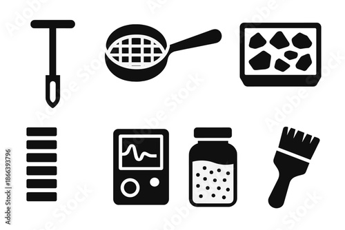 Classical Sediment Tools. Solid style icons of classical sediment tools: soil corer, sediment sieve, mineral scoop, rock sorting