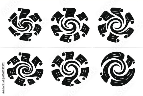 Document Vortex Icons. Solid style icons of a swirling pool of living documents: rotating parchment vortex, flowing scroll whirl,
