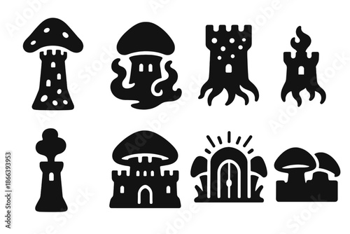 Spectral Spore Castle. Solid style icons of a spectral spore castle: fungal fortress tower, glowing mist dome, spore-lit