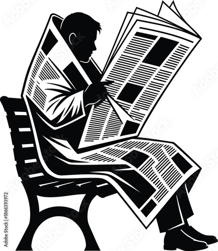 Man wrapped in newspaper sitting on bench reading news print