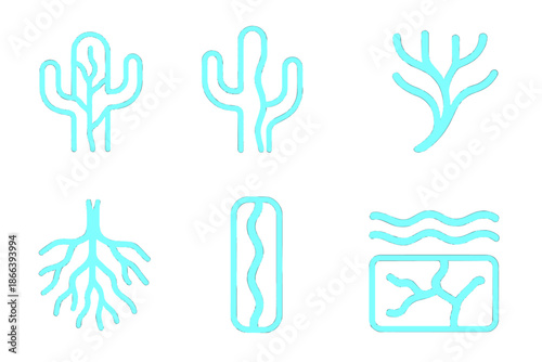 Neon Cactus Circuits. Solid style icons of a xerophyte's neon xylem: radiant vascular web, neon-lit cactus artery, glowing xylem