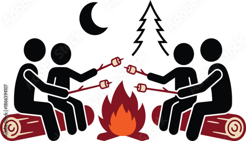 Set Of People Roasting Marshmallows Over A Campfire At Night