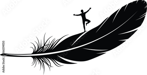 Small figure dancing on large feather in simple black silhouette