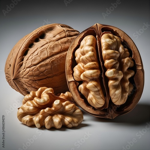 Whole and halved walnuts on neutral gray background.