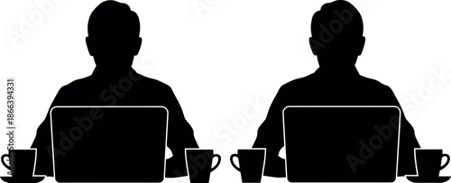 Professional Male Silhouettes Working on Laptops with Coffee Cups Representing Remote Collaboration Teamwork Digital Communication and Modern Office Business Partnership