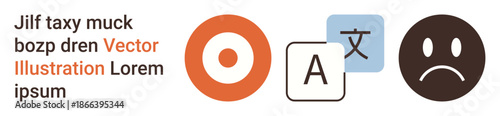 Language learning, translation services, communications, emotional expressions, multicultural interface, goal setting. Circular target, language symbols and a sad face icon. Language learning