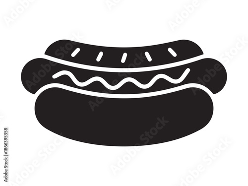 Delicious classic hot dog sandwich in bun topped with sauce vector illustration black silhouette icon