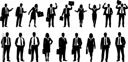 Set of professional business people silhouettes in various poses including standing walking presenting and holding briefcases for corporate office designs