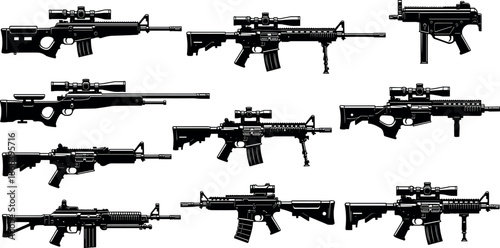 Set of Realistic Weapon Silhouettes Including Assault Rifles Sniper Rifles and Submachine Guns Isolated Vector Illustrations for Military Design Projects