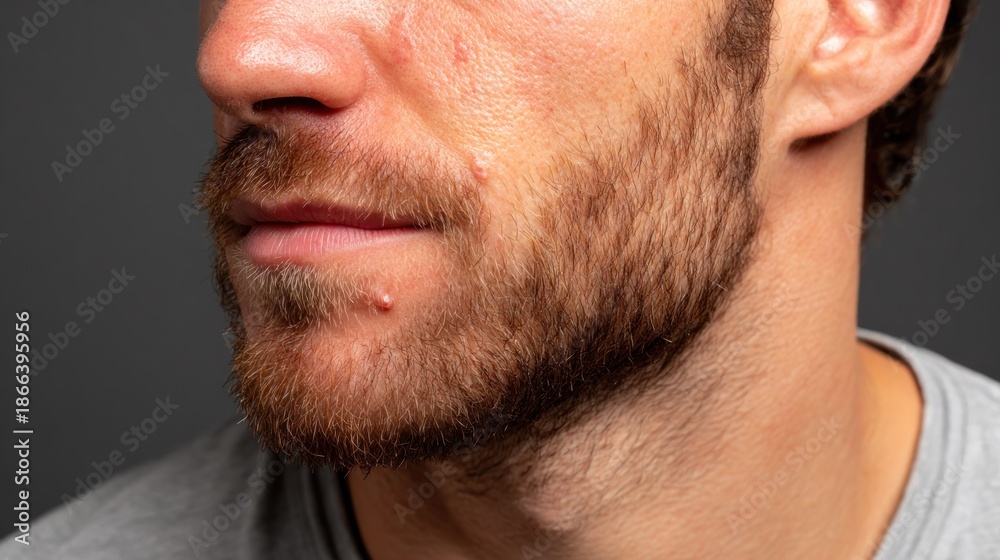 Obraz premium Close view of a mans face showing acne and facial hair in a simple indoor setting