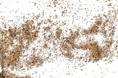 Scattered organic sand and fine pebbles isolated on white or transparent background. Minimalist beach texture with flying grains and copy space. Creative element for summer design and collages