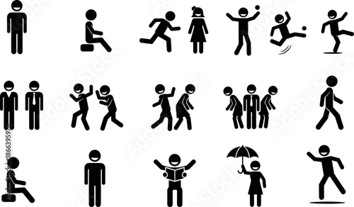 Set of stick figure pictograms showing various human actions like running walking sitting playing sports and social interactions for infographics
