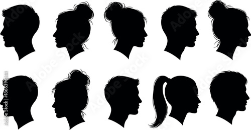 Set of ten profile silhouettes of men and women with different hairstyles and buns for avatars social media and design