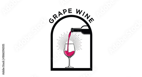 Elegant illustration of red wine being poured from a bottle into a glass within a black arched frame with the text grape wine above.